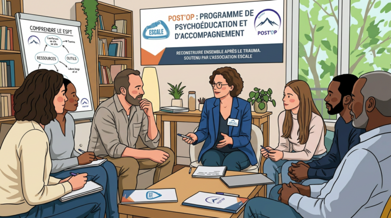 Illustration : un groupe d’opérationnels et de proches échange autour d’une psychologue lors d’un atelier Post’Op